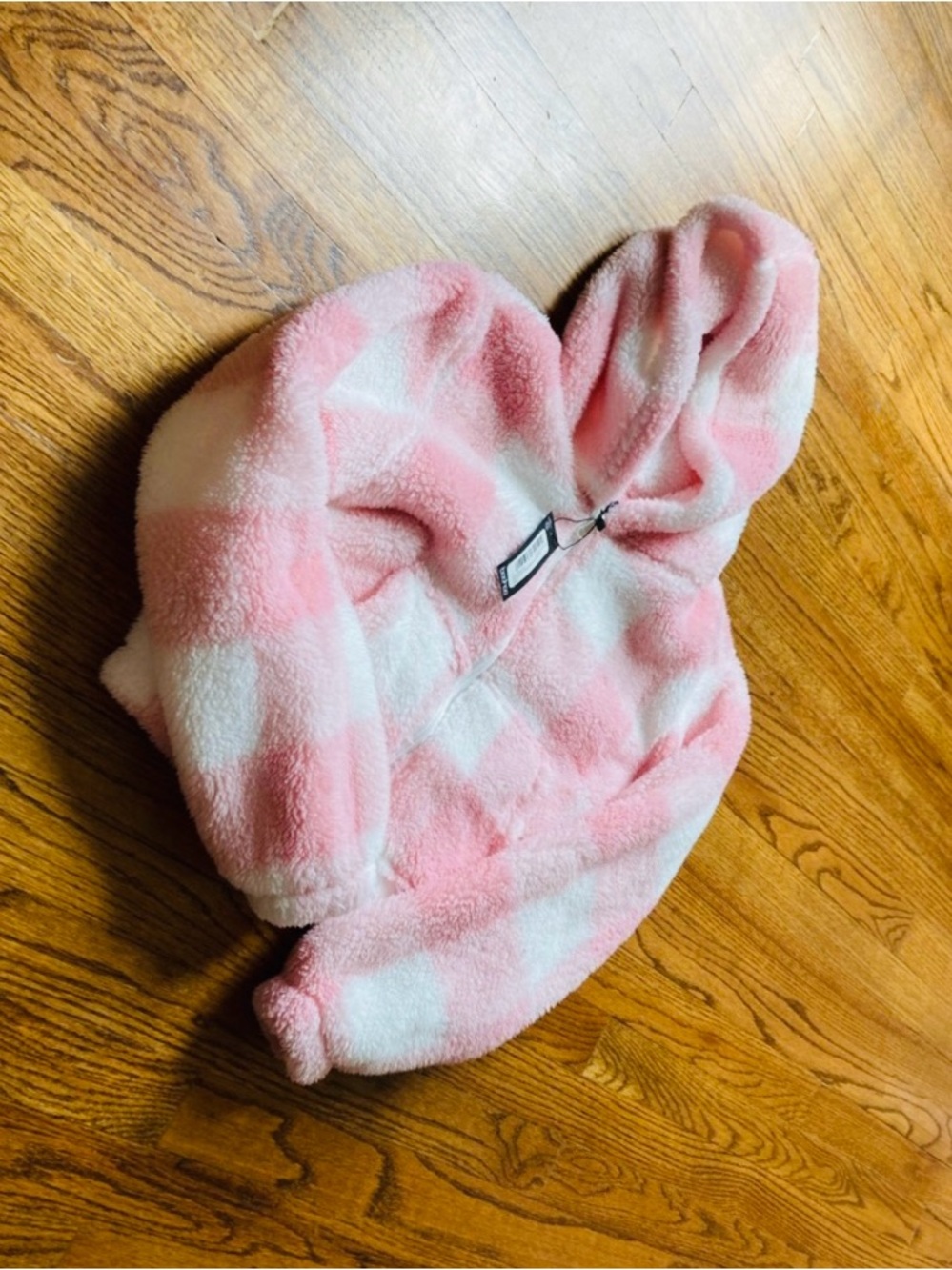 New Boohoo Pink and White Sherpa Teddy Fleece Checkered Zip Jacket Hoodie ONLY